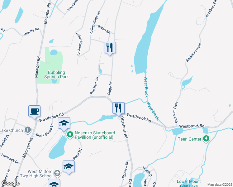 map of restaurants, bars, coffee shops, grocery stores, and more near 8 Ridge Road in West Milford