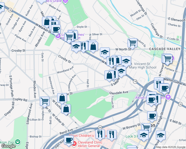 map of restaurants, bars, coffee shops, grocery stores, and more near 284 Crosby Street in Akron