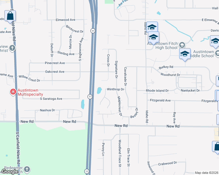 map of restaurants, bars, coffee shops, grocery stores, and more near 5010 Winthrop Drive in Austintown