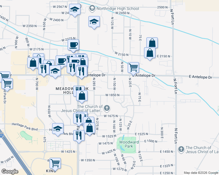 map of restaurants, bars, coffee shops, grocery stores, and more near 1920 North 200 West in Layton