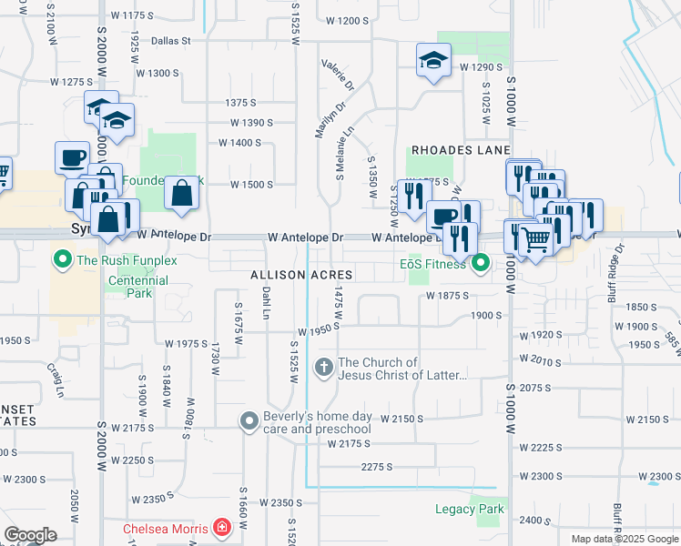 map of restaurants, bars, coffee shops, grocery stores, and more near 1901 S 1475 W in Syracuse