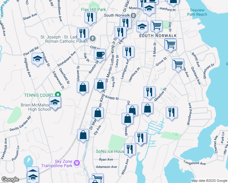 map of restaurants, bars, coffee shops, grocery stores, and more near 213 Ely Avenue in Norwalk