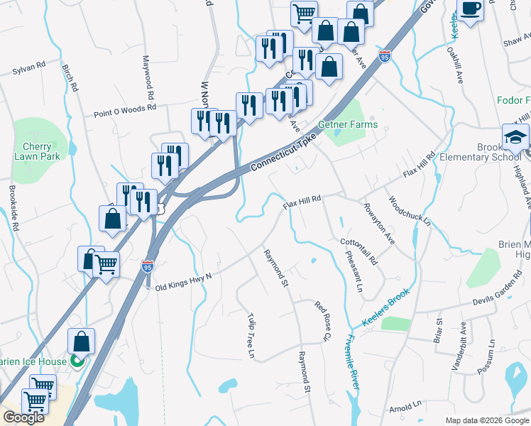 map of restaurants, bars, coffee shops, grocery stores, and more near 230 Old Kings Highway North in Darien