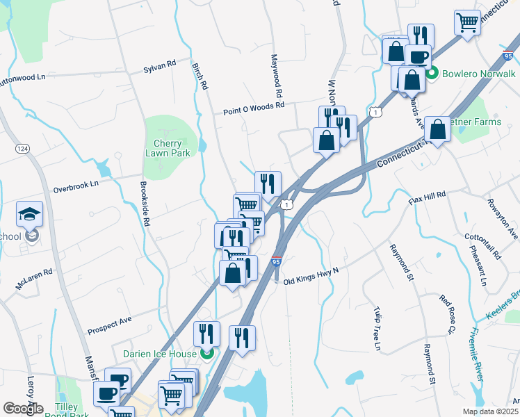 map of restaurants, bars, coffee shops, grocery stores, and more near 275 U.S. 1 in Darien