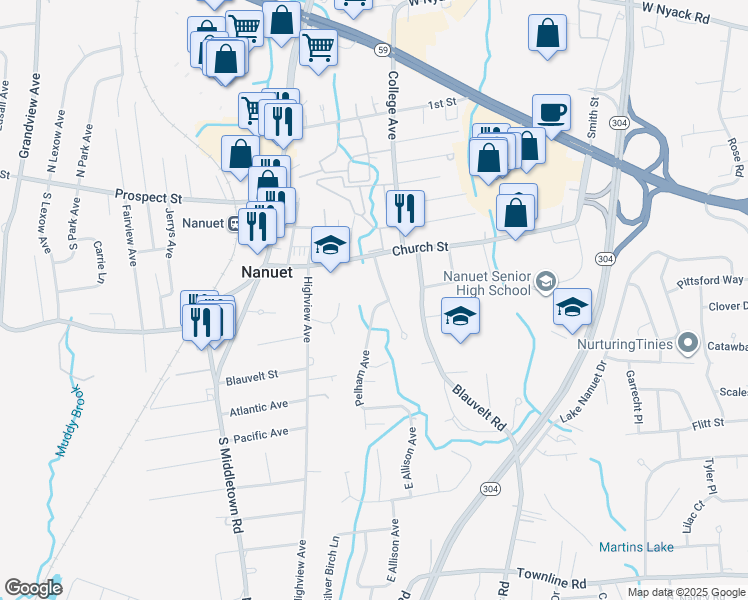 map of restaurants, bars, coffee shops, grocery stores, and more near 8 Norwood Place in Nanuet