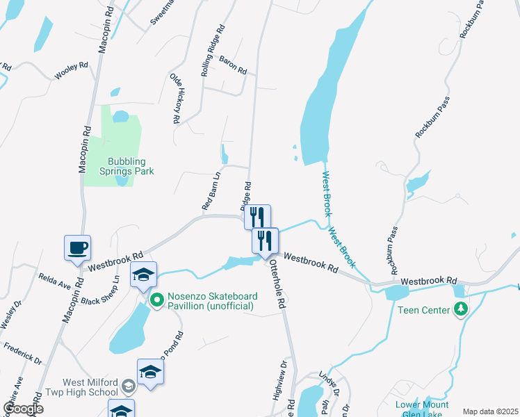 map of restaurants, bars, coffee shops, grocery stores, and more near 8 Ridge Road in West Milford