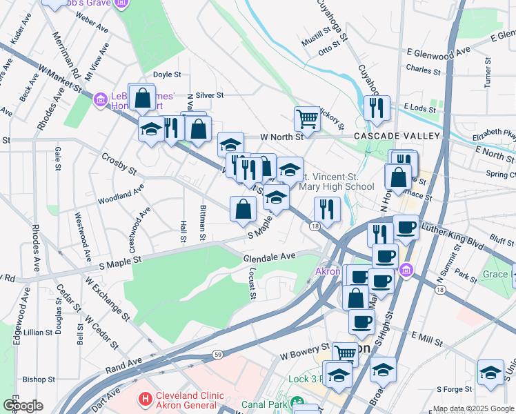 map of restaurants, bars, coffee shops, grocery stores, and more near 215 Myrtle Place in Akron