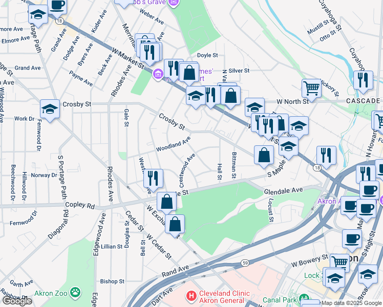 map of restaurants, bars, coffee shops, grocery stores, and more near 346 Crestwood Avenue in Akron