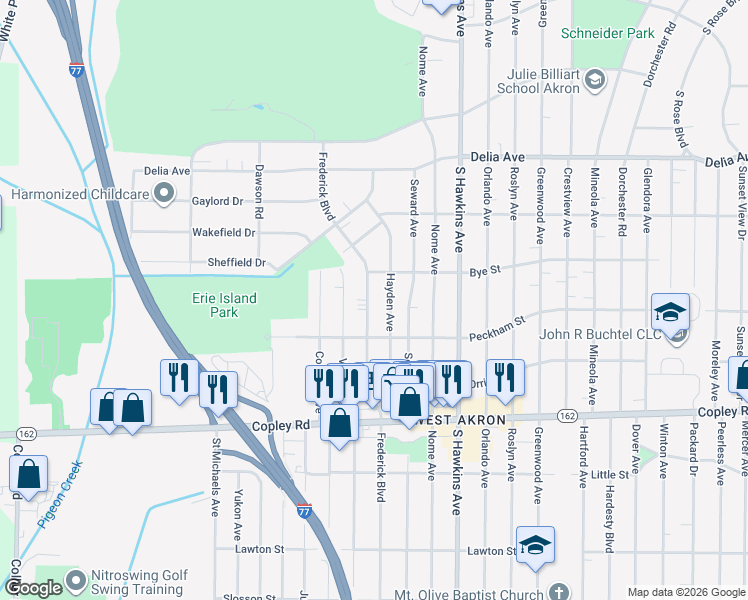 map of restaurants, bars, coffee shops, grocery stores, and more near 785 Frederick Boulevard in Akron