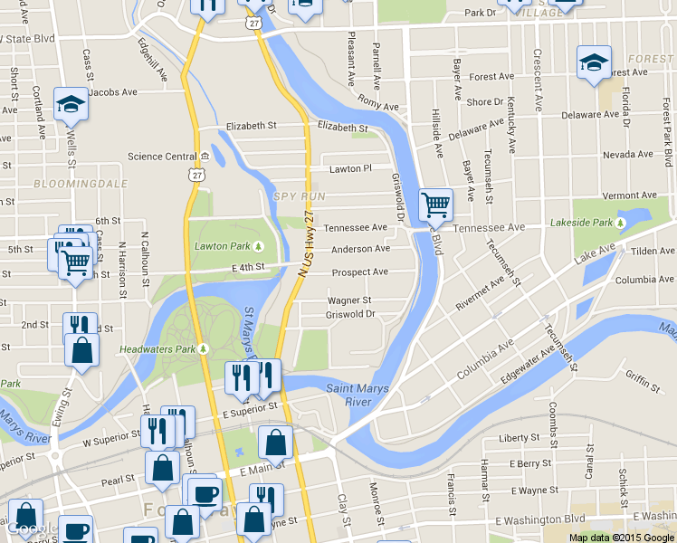 map of restaurants, bars, coffee shops, grocery stores, and more near 633 Prospect Avenue in Fort Wayne