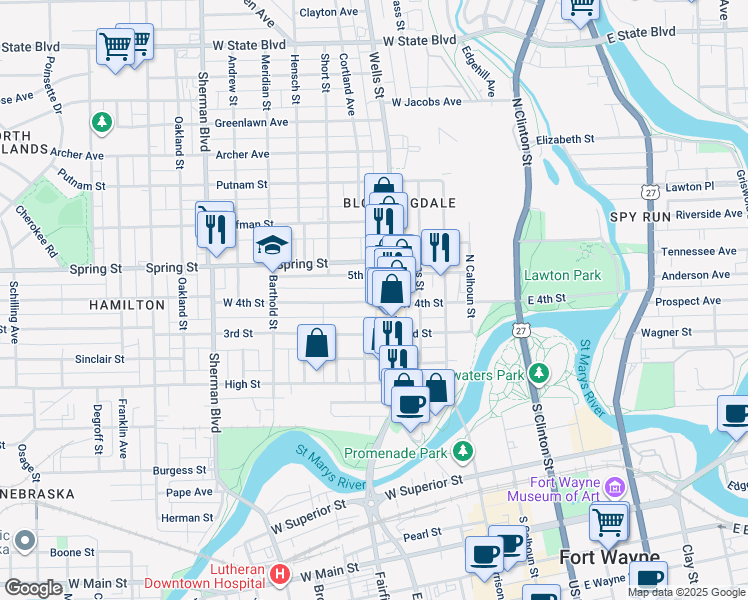 map of restaurants, bars, coffee shops, grocery stores, and more near 400 West 4th Street in Fort Wayne