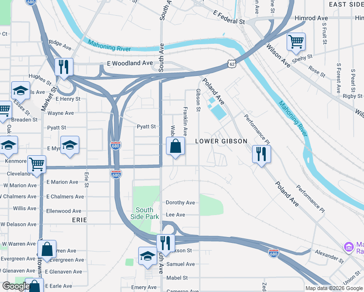 map of restaurants, bars, coffee shops, grocery stores, and more near 1032 Franklin Avenue in Youngstown