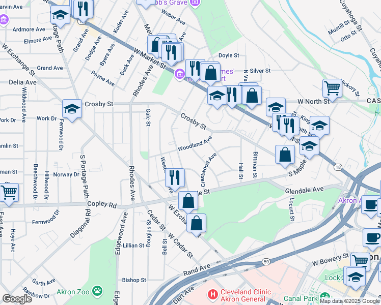 map of restaurants, bars, coffee shops, grocery stores, and more near 152 Oakdale Avenue in Akron
