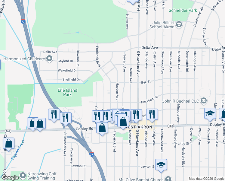 map of restaurants, bars, coffee shops, grocery stores, and more near 785 Frederick Boulevard in Akron