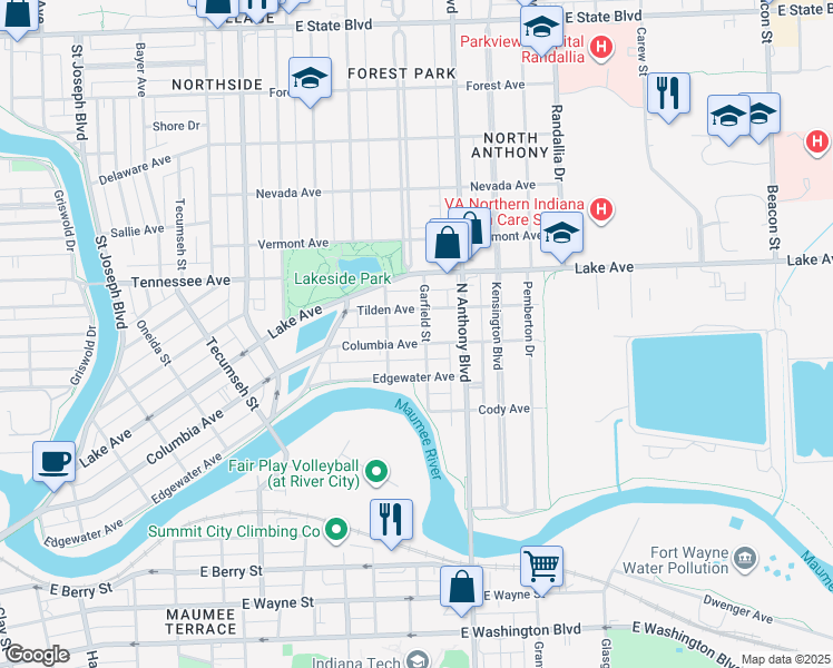 map of restaurants, bars, coffee shops, grocery stores, and more near 1609 Columbia Ave in Fort Wayne
