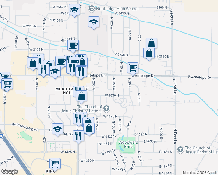 map of restaurants, bars, coffee shops, grocery stores, and more near 1920 North 200 West in Layton
