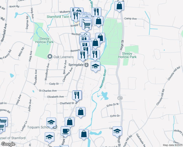 map of restaurants, bars, coffee shops, grocery stores, and more near 98 Largo Drive in Stamford