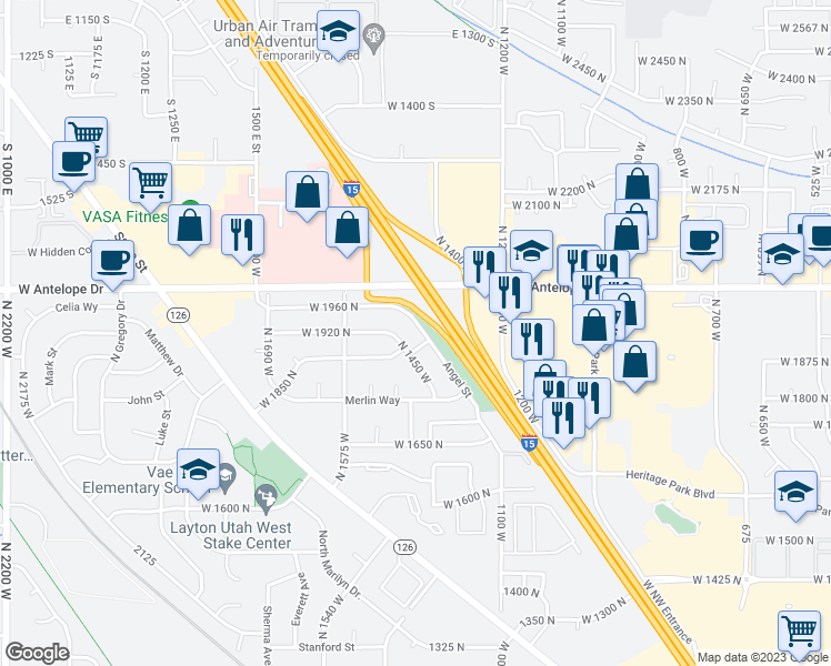map of restaurants, bars, coffee shops, grocery stores, and more near 1883 North 1400 West in Layton