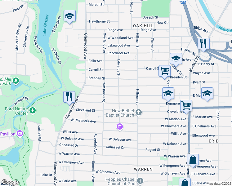 map of restaurants, bars, coffee shops, grocery stores, and more near 410 West Myrtle Avenue in Youngstown