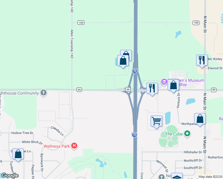 map of restaurants, bars, coffee shops, grocery stores, and more near Township Highway 99 in Findlay