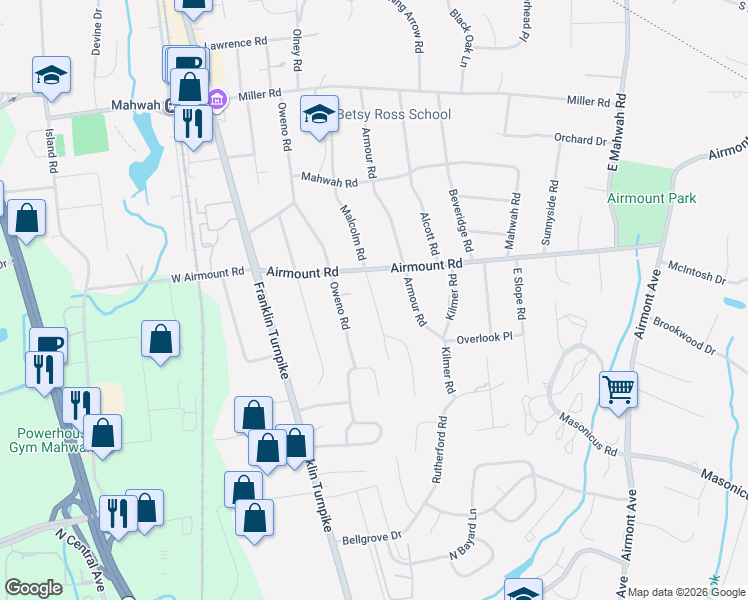 map of restaurants, bars, coffee shops, grocery stores, and more near 109 Malcolm Road in Mahwah