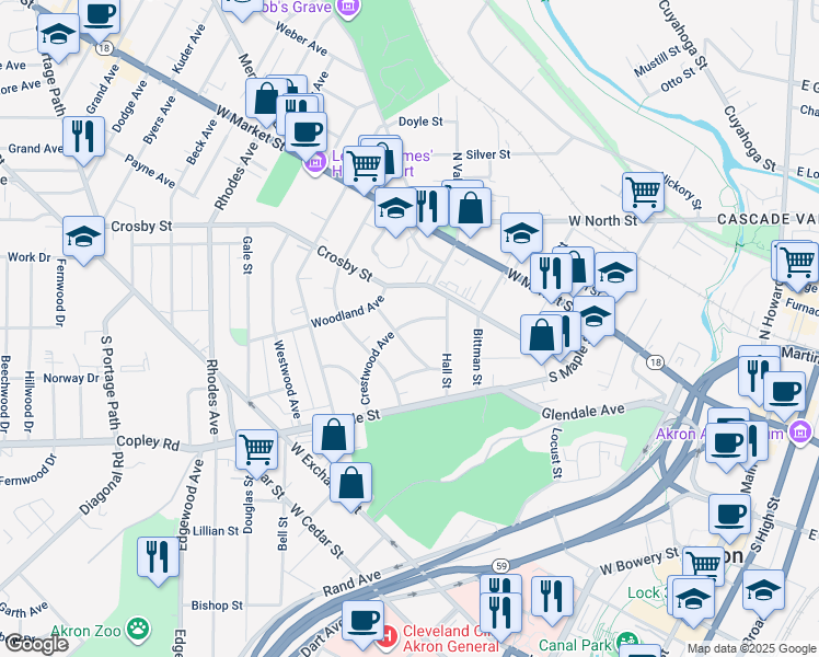 map of restaurants, bars, coffee shops, grocery stores, and more near 346 Crestwood Avenue in Akron