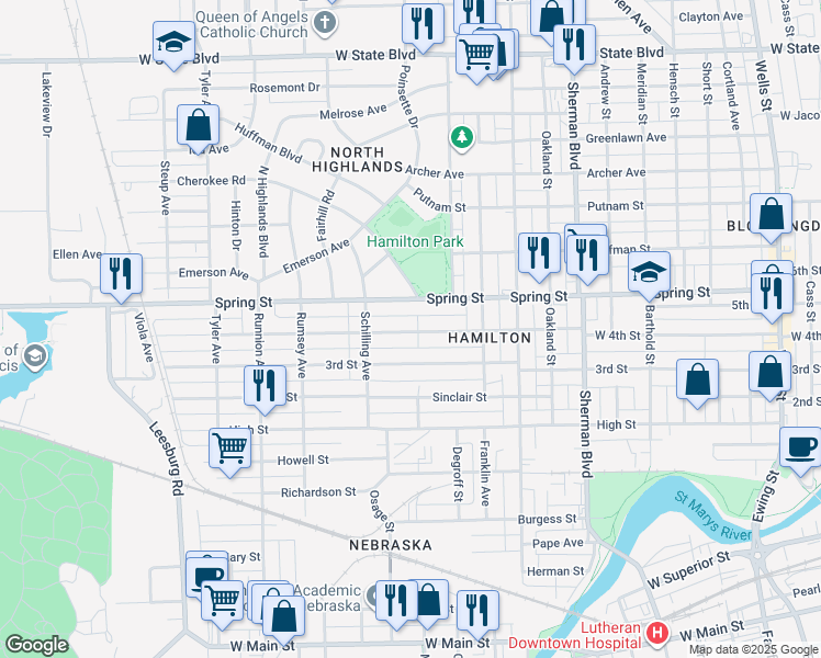 map of restaurants, bars, coffee shops, grocery stores, and more near 1326 West 4th Street in Fort Wayne