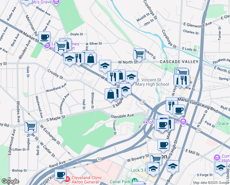 map of restaurants, bars, coffee shops, grocery stores, and more near 215 Myrtle Place in Akron