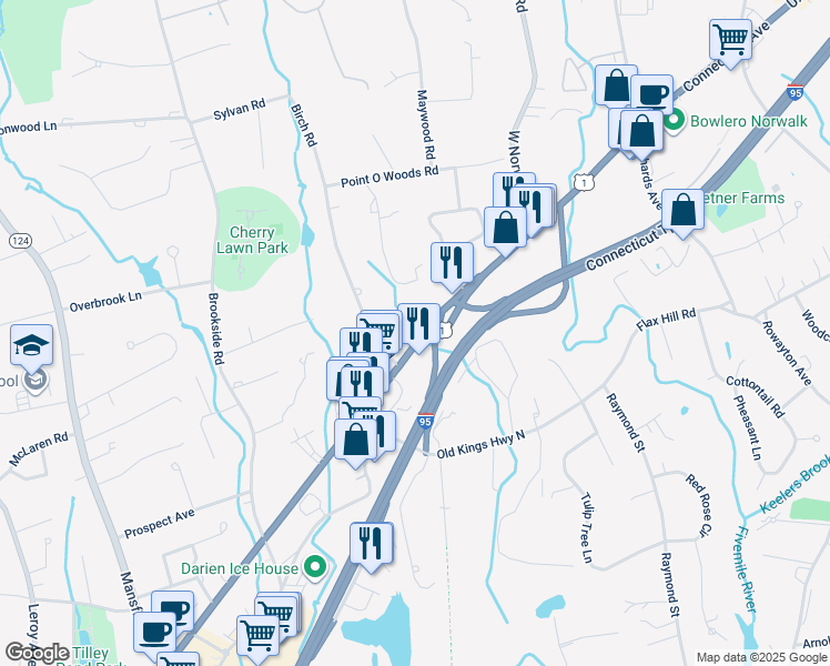 map of restaurants, bars, coffee shops, grocery stores, and more near 275 U.S. 1 in Darien