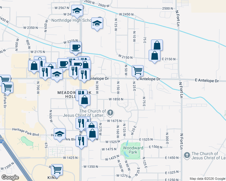 map of restaurants, bars, coffee shops, grocery stores, and more near 1920 North 200 West in Layton