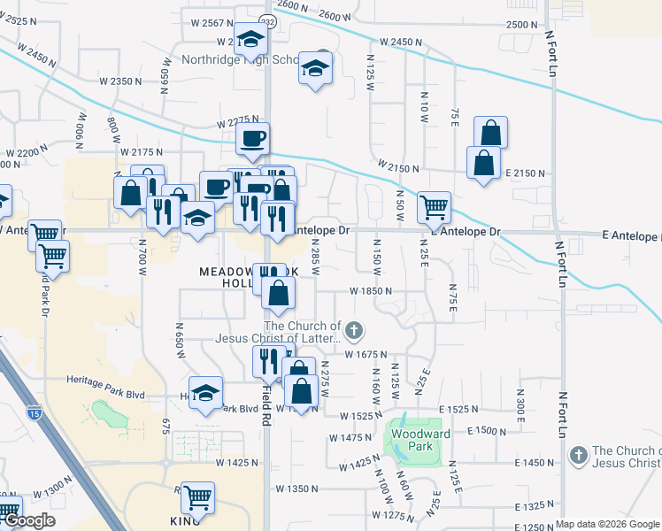 map of restaurants, bars, coffee shops, grocery stores, and more near in Layton