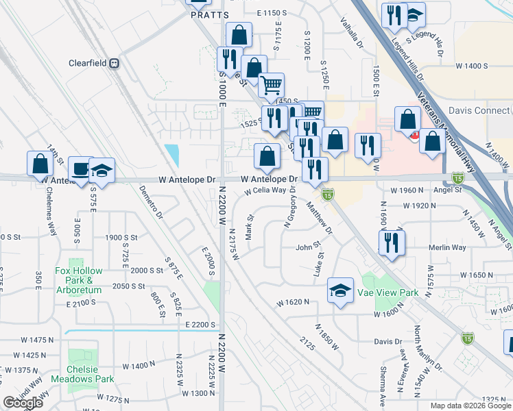 map of restaurants, bars, coffee shops, grocery stores, and more near 2054 Mark Street in Layton