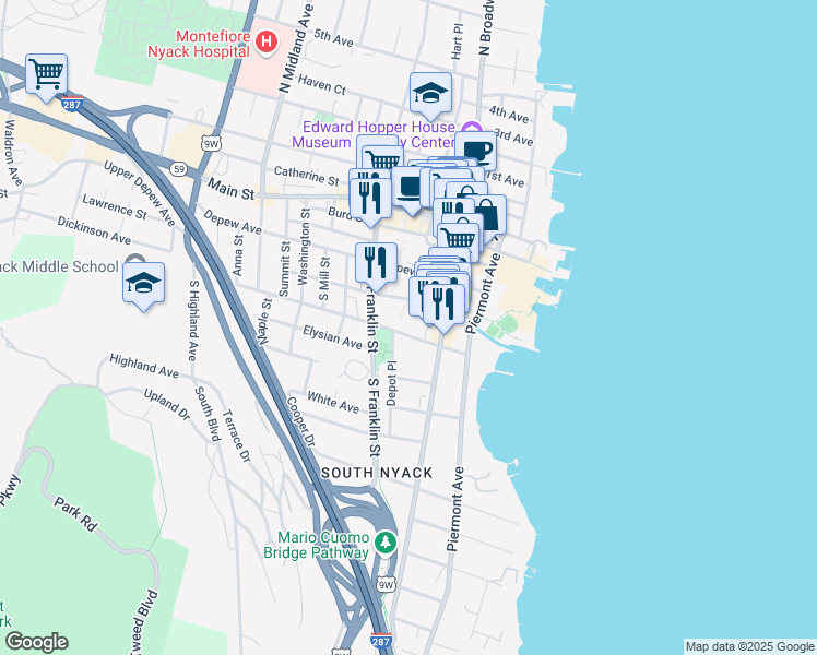 map of restaurants, bars, coffee shops, grocery stores, and more near 55 Hudson Avenue in Nyack