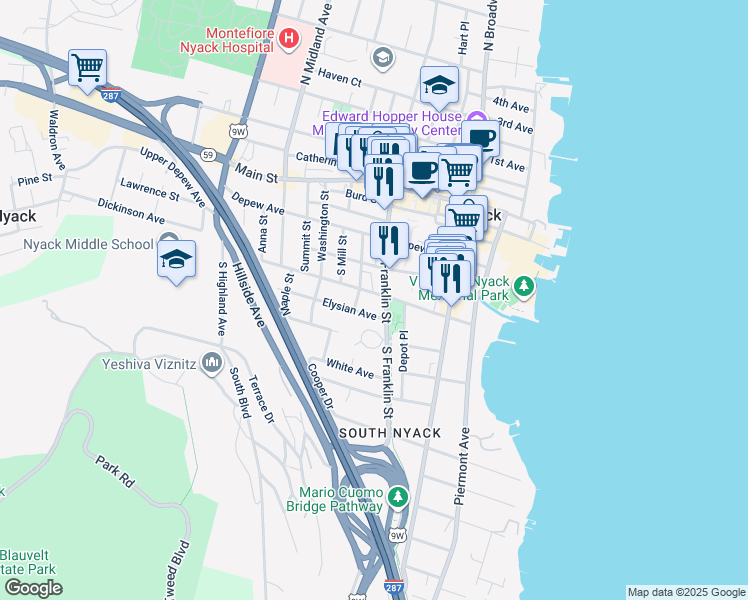 map of restaurants, bars, coffee shops, grocery stores, and more near 83 Cedar Hill Avenue in Nyack
