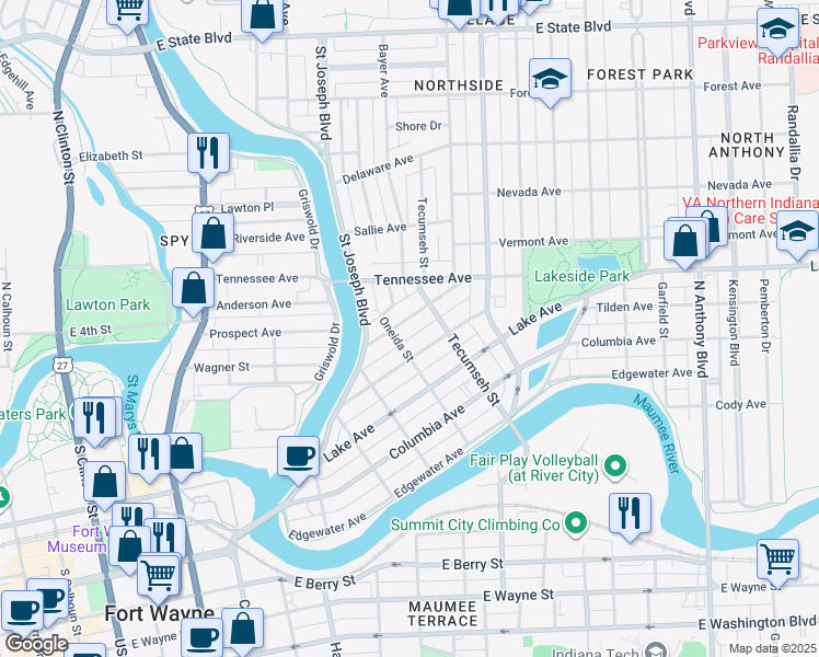 map of restaurants, bars, coffee shops, grocery stores, and more near 1114 Elmwood Avenue in Fort Wayne