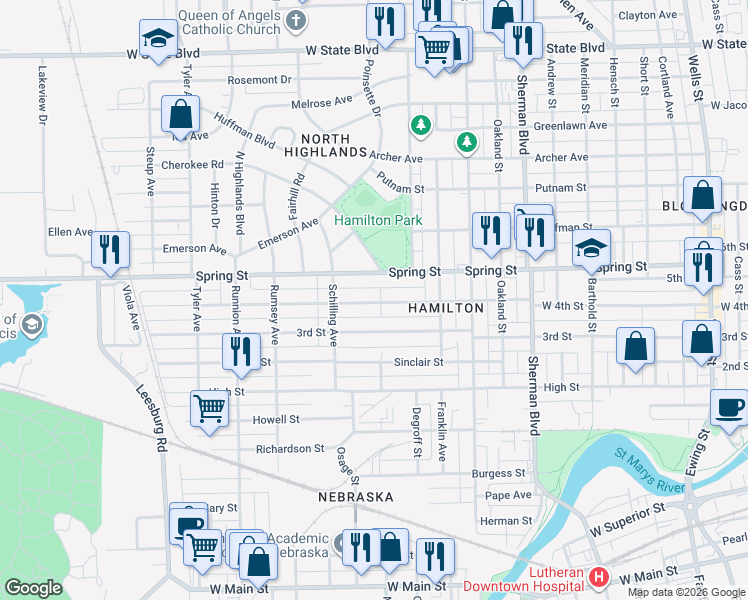 map of restaurants, bars, coffee shops, grocery stores, and more near 1326 West 4th Street in Fort Wayne