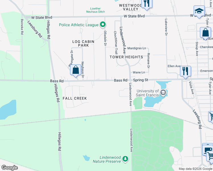 map of restaurants, bars, coffee shops, grocery stores, and more near 3403 Bass Rd in Fort Wayne
