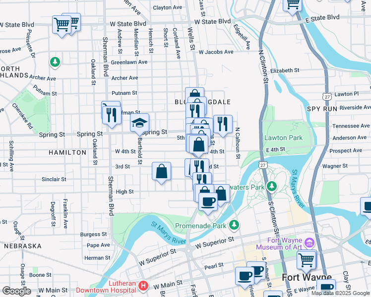 map of restaurants, bars, coffee shops, grocery stores, and more near 430 West 4th Street in Fort Wayne