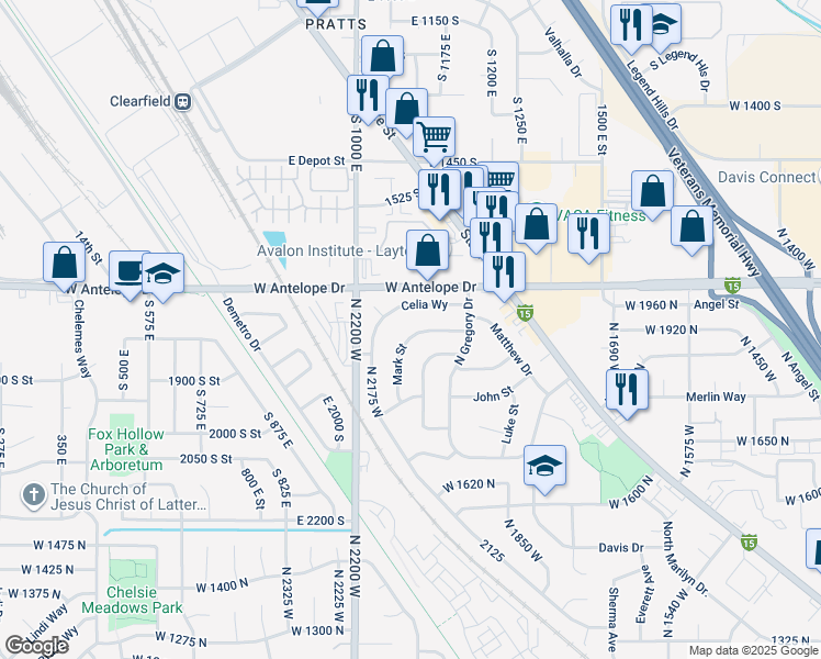 map of restaurants, bars, coffee shops, grocery stores, and more near 2054 W Mark St in Layton