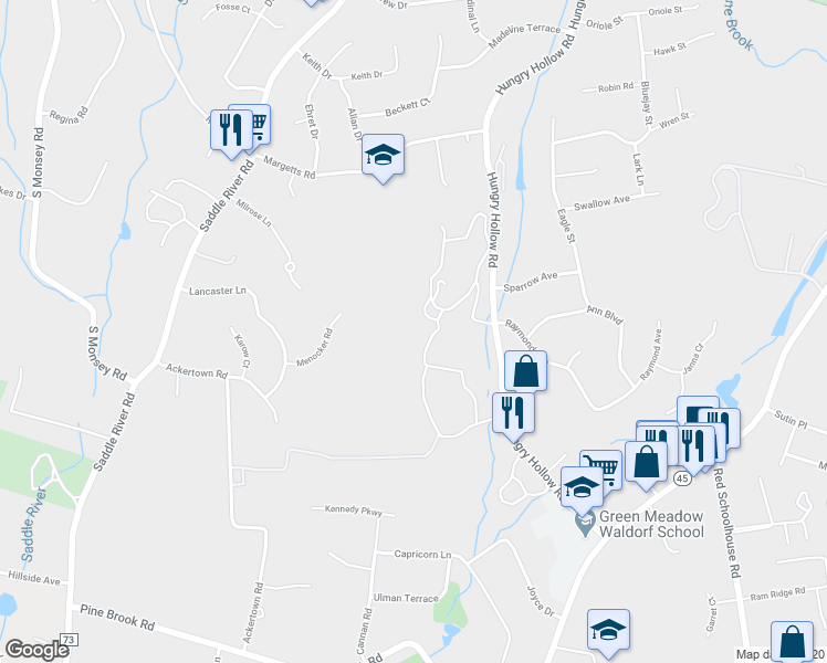 map of restaurants, bars, coffee shops, grocery stores, and more near 225 Hungry Hollow Road in Spring Valley