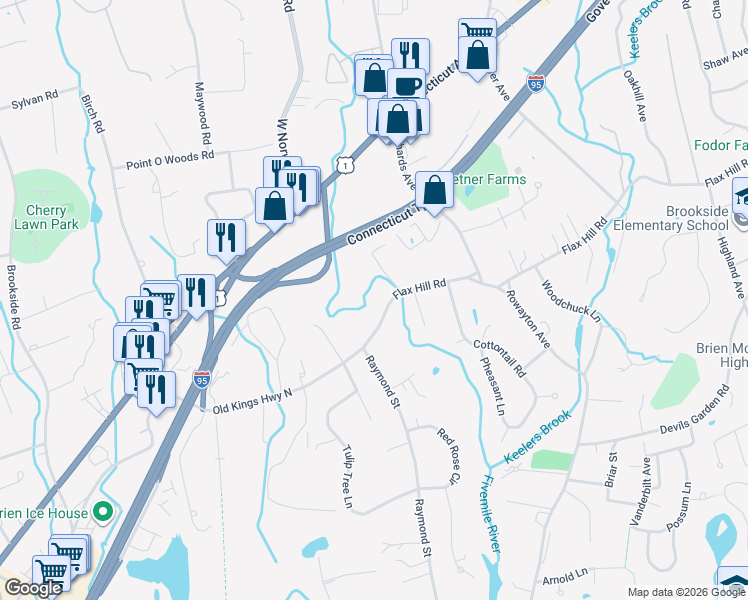 map of restaurants, bars, coffee shops, grocery stores, and more near 230 Old Kings Highway North in Darien