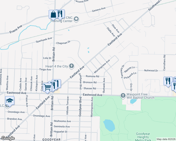 map of restaurants, bars, coffee shops, grocery stores, and more near 1660 Chapman Drive in Akron