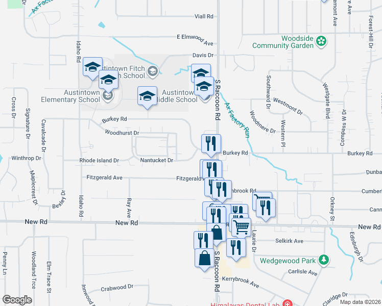 map of restaurants, bars, coffee shops, grocery stores, and more near 4430 Nantucket Drive in Youngstown