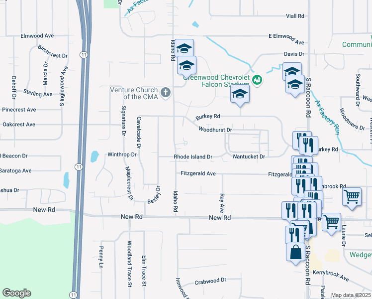 map of restaurants, bars, coffee shops, grocery stores, and more near 4620 Rhode Island Drive in Austintown