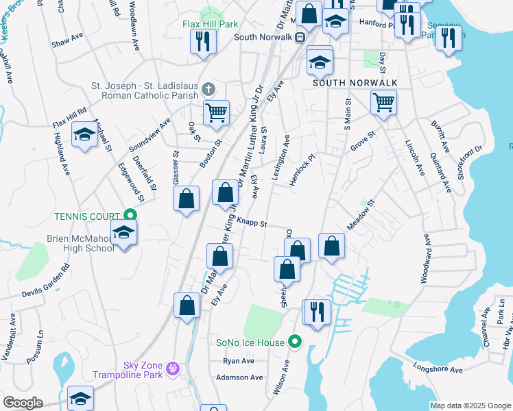 map of restaurants, bars, coffee shops, grocery stores, and more near 213 Ely Avenue in Norwalk