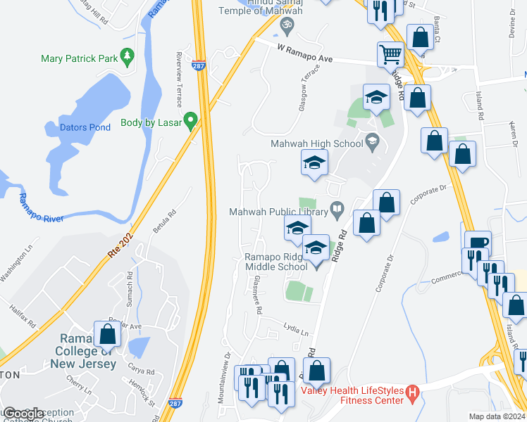map of restaurants, bars, coffee shops, grocery stores, and more near 511 Green Mountain Road in Mahwah