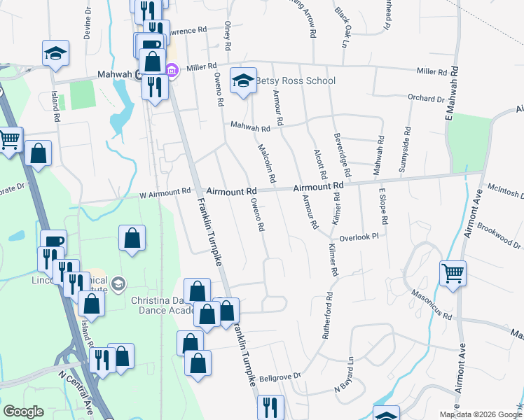 map of restaurants, bars, coffee shops, grocery stores, and more near 103 Oweno Road in Mahwah