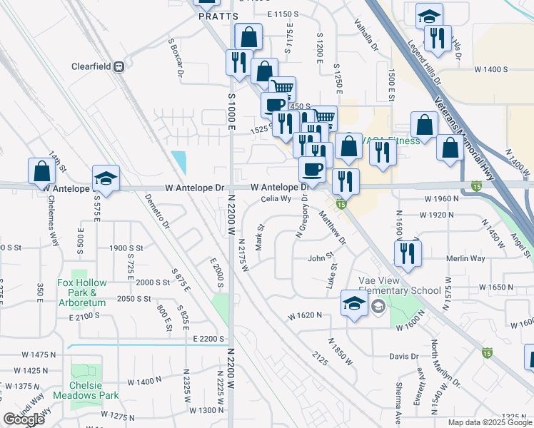 map of restaurants, bars, coffee shops, grocery stores, and more near 2054 W Mark St in Layton