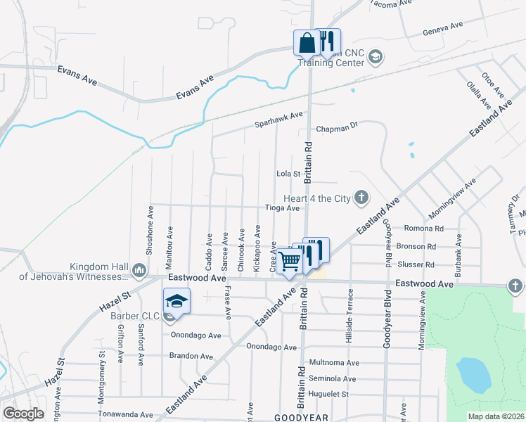 map of restaurants, bars, coffee shops, grocery stores, and more near 1364 Tioga Avenue in Akron