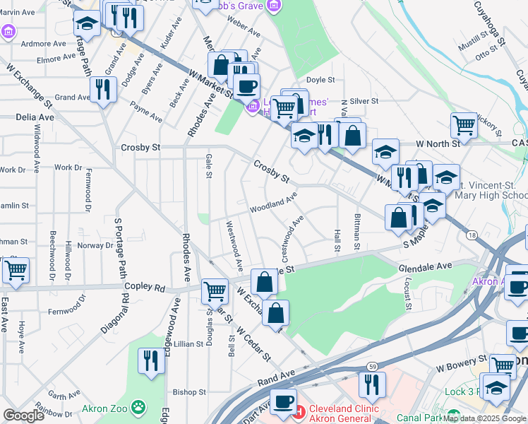 map of restaurants, bars, coffee shops, grocery stores, and more near 146 Oakdale Avenue in Akron